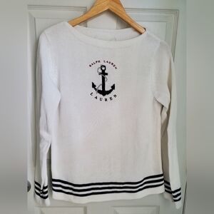 Lauren Ralph Lauren Sweater M Anchor Nautical Coastal Stripe Boat Neck Vintage